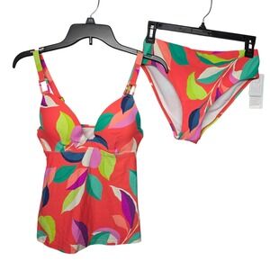 Freshwater Womens Tropical Leaf Tankini Set Red Floral Underwire Small 4-6 NEW